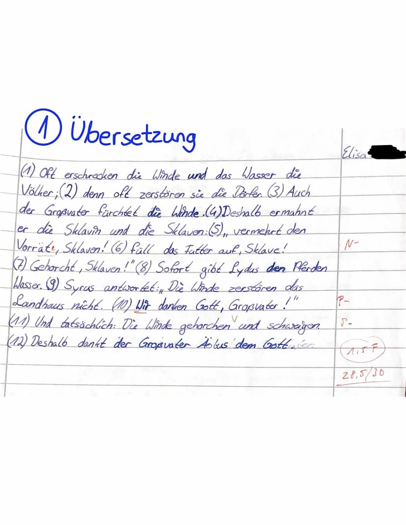 Latein 7/
1. Übersetze folgenden Text ins Deutsche.
(1) Venti et aqua saepe populos terrent; (2) nam saepe vicos delent. (3) Etiam.avus
vent