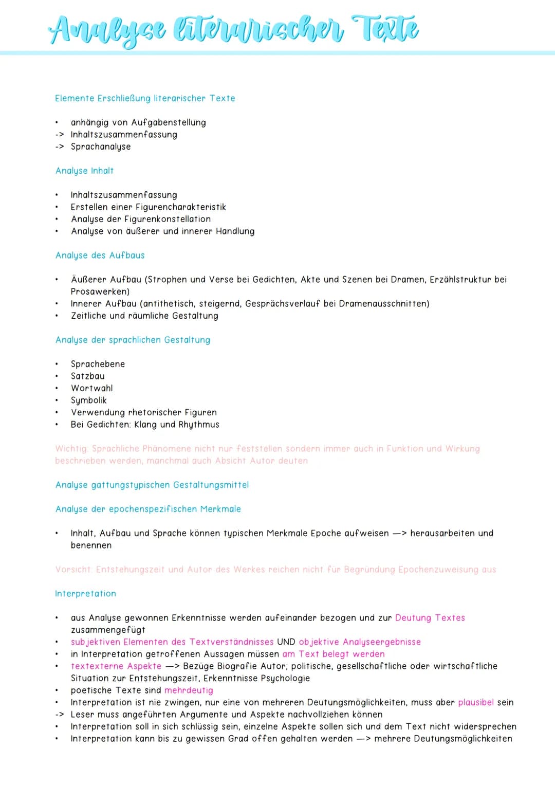 Analyse literarischer Texte
Elemente Erschließung literarischer Texte
anhängig von Aufgabenstellung
-> Inhaltszusammenfassung
-> Sprachanaly