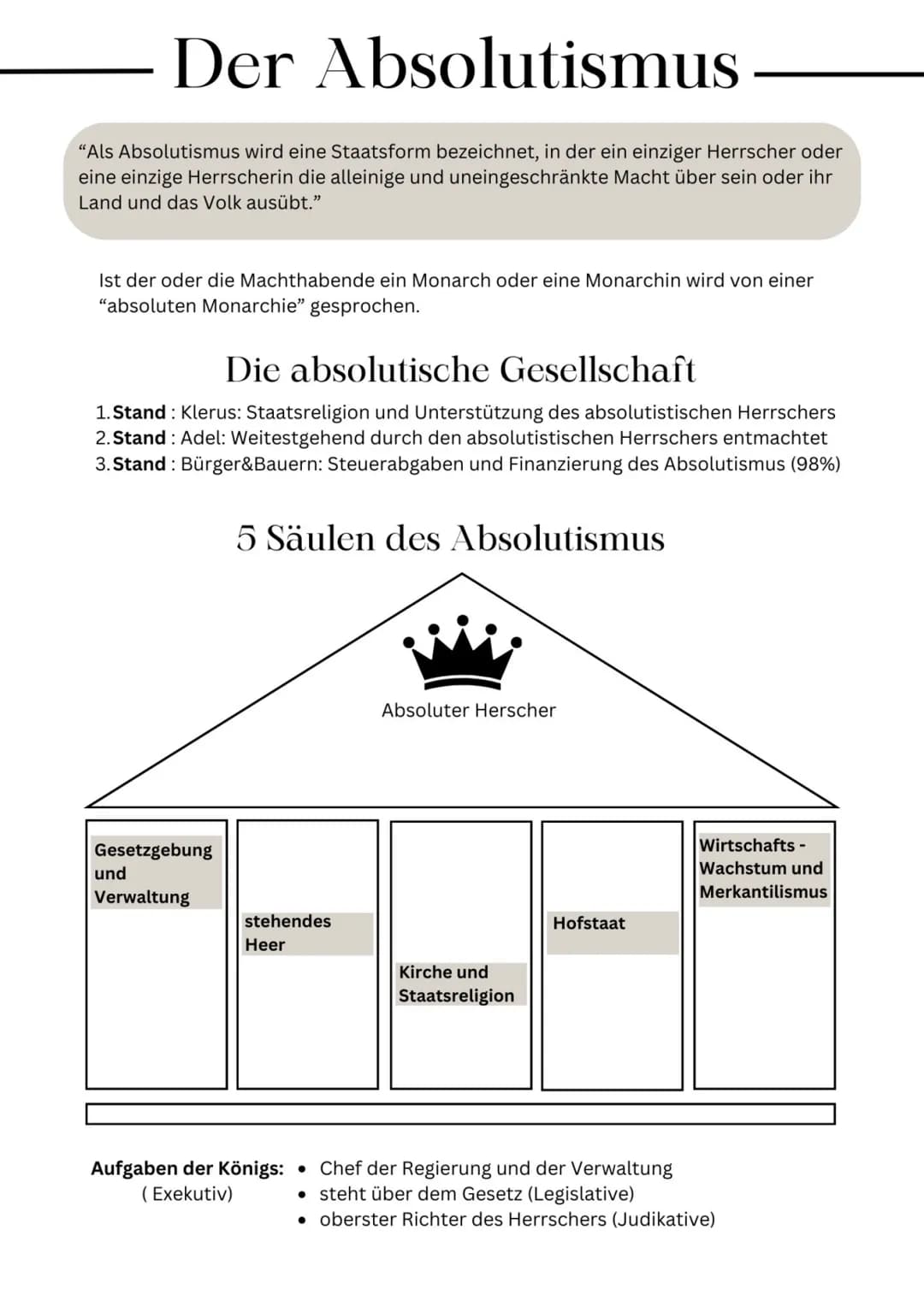 Der Absolutismus
"Als Absolutismus wird eine Staatsform bezeichnet, in der ein einziger Herrscher oder
eine einzige Herrscherin die alleinig