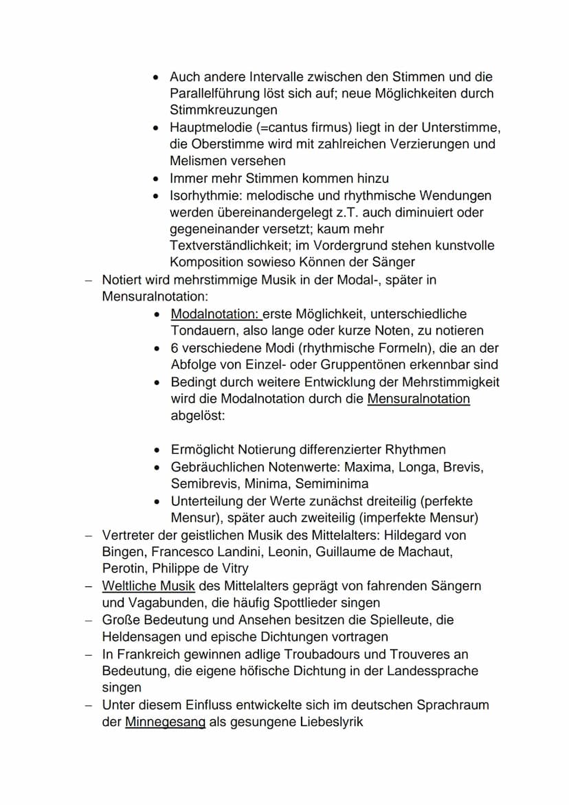 Mittelalter (400-1500)
Gregorianik:
Notre-Dame-Schule:
Ars Antiqua:
Ars Nova:
Kirchliche Musik des Mittelalters entwickelt sich auf Basis de