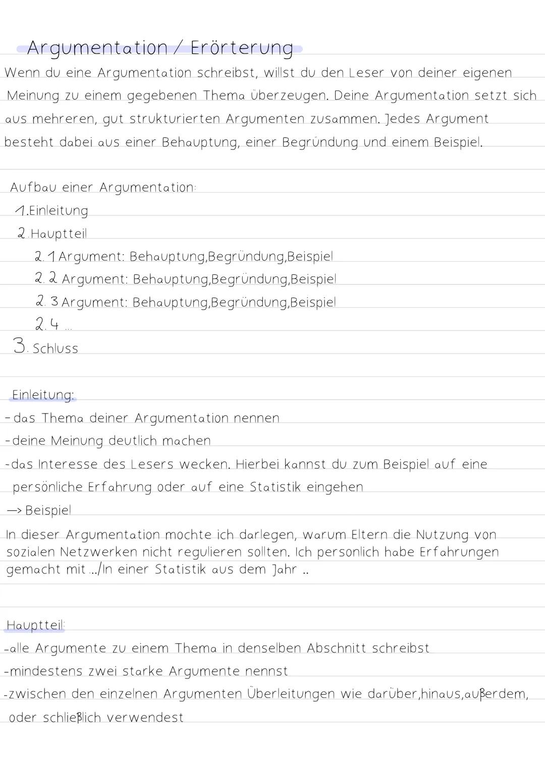 # Argumentation / Erörterung

Wenn du eine Argumentation schreibst, willst du den Leser von deiner eigenen
Meinung zu einem gegebenen Thema 