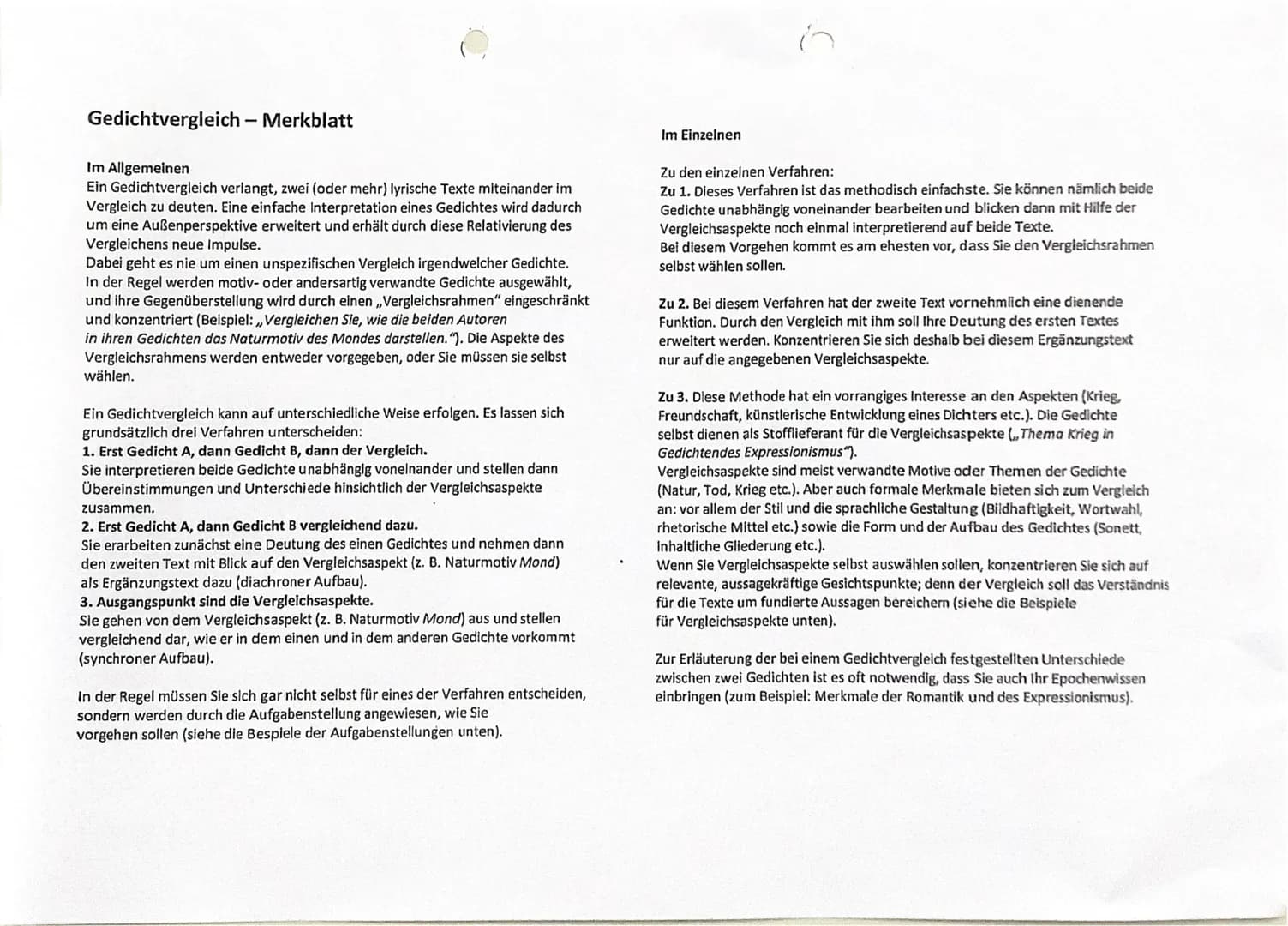 Gedichtvergleich - Merkblatt
Im Allgemeinen
Ein Gedichtvergleich verlangt, zwei (oder mehr) lyrische Texte miteinander im
Vergleich zu deute