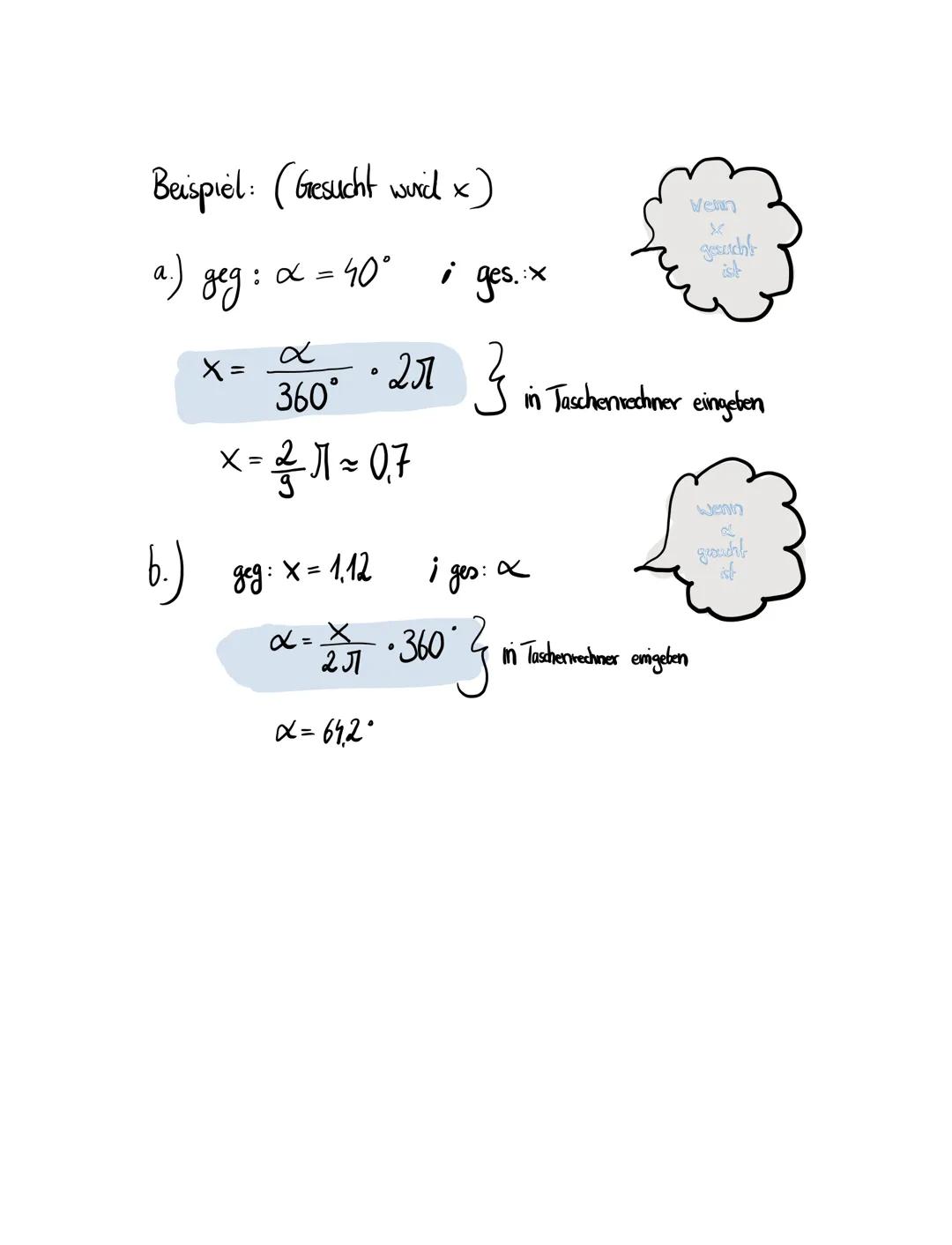 Bogenmaß und Gredmaß

Einheibkras Radius = 1cm
Umfang des Kreises:

$u$= Л.d=21-63

• Wenn & vorgegeben ist, wie lang ist das
Bogenstück x?
