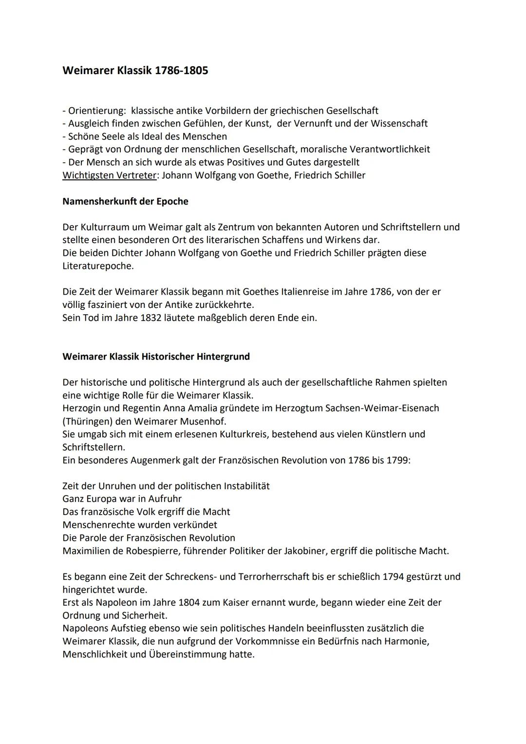 Weimarer Klassik 1786-1805
- Orientierung: klassische antike Vorbildern der griechischen Gesellschaft
- Ausgleich finden zwischen Gefühlen, 