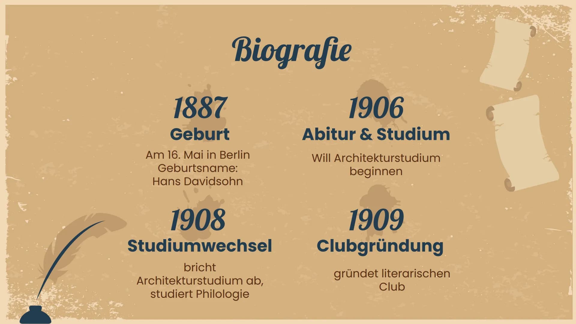 Jakob
van
Hoddis
Mina A. & Nour A.
A Inhaltsverzeichnis
1. Biografie
2. Vortrag
3. Analyse
4. Frühexpressionismus
5. Quellen Biografie
1887
