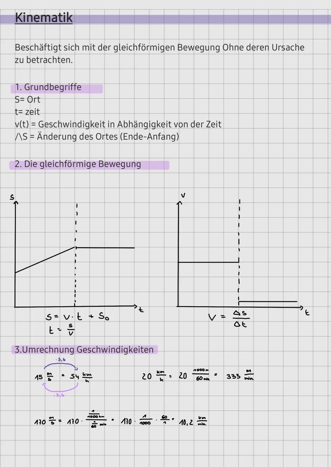 Kinematik
Beschäftigt sich mit der gleichförmigen Bewegung Ohne deren Ursache
zu betrachten.
1. Grundbegriffe
S- Ort
t= zeit
v(t) = Geschwin