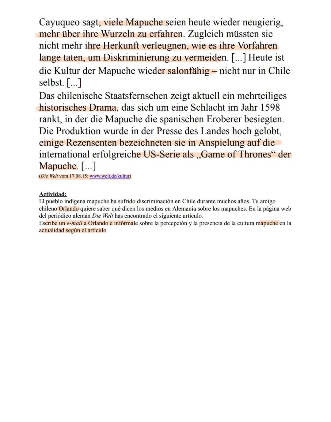 Spanisch 11/2 GK(n)
Stu
Sprachmittlung
La convivencia étnica y cultural
9.12.20
Der neue Zauber der Mapuche
Zwischen den Hochhäusern der chi