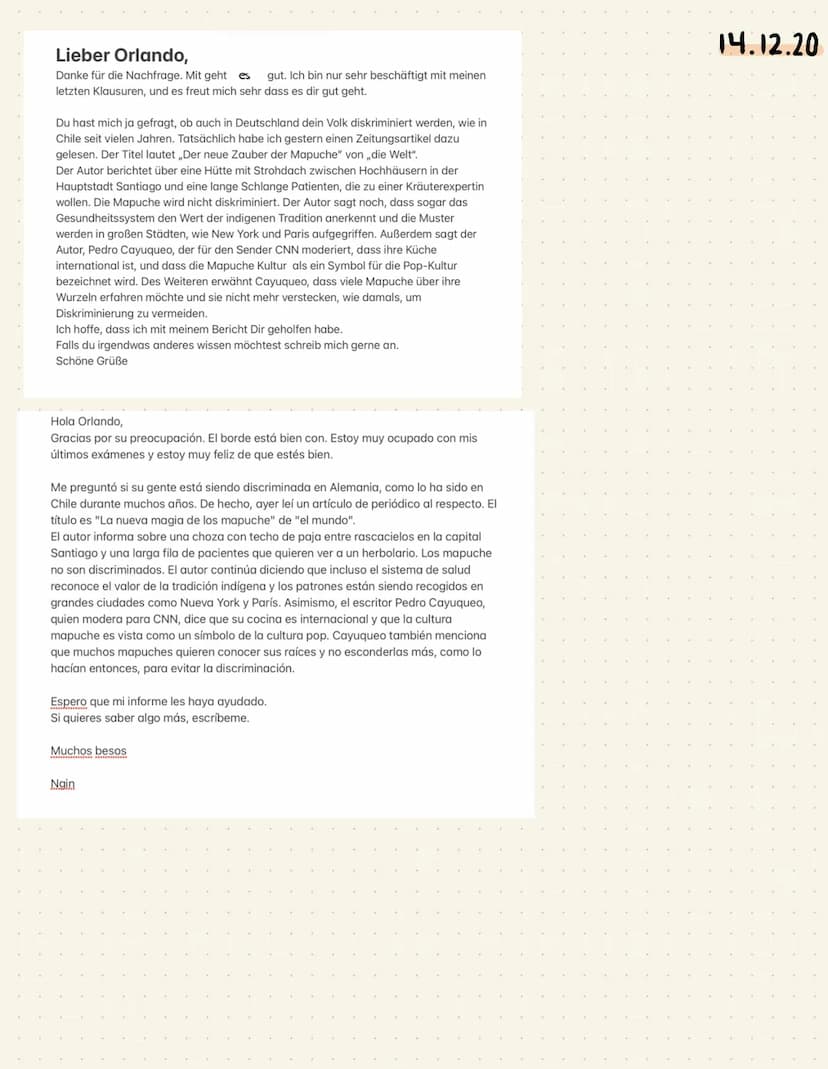 Spanisch 11/2 GK(n)
Stu
Sprachmittlung
La convivencia étnica y cultural
9.12.20
Der neue Zauber der Mapuche
Zwischen den Hochhäusern der chi