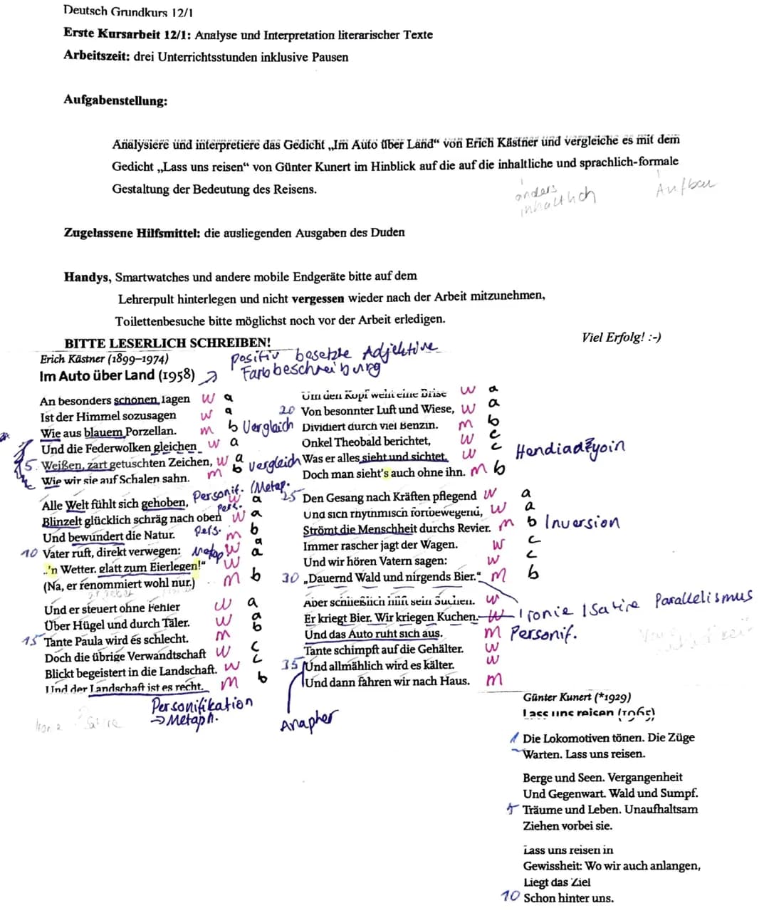 Deutsch Grundkurs 12/1
Erste Kursarbeit 12/1: Analyse und Interpretation literarischer Texte
Arbeitszeit: drei Unterrichtsstunden inklusive 