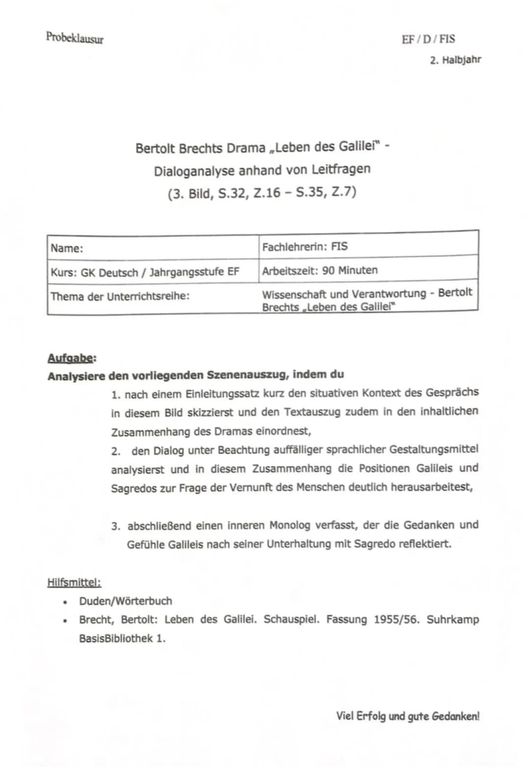 Probeklausur Leben des Galilei