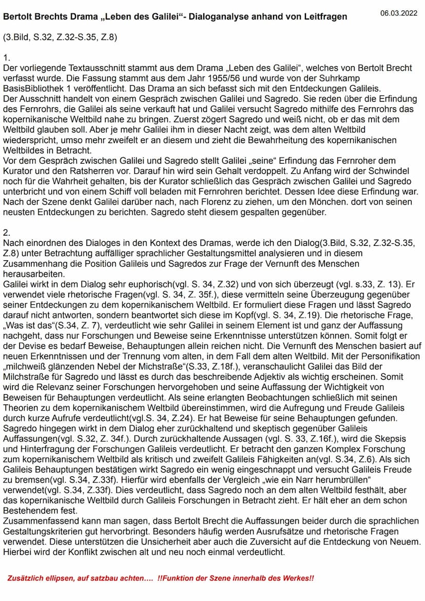 Probeklausur
Name:
Kurs: GK Deutsch / Jahrgangsstufe EF
Thema der Unterrichtsreihe:
Bertolt Brechts Drama „Leben des Galilei" -
Dialoganalys