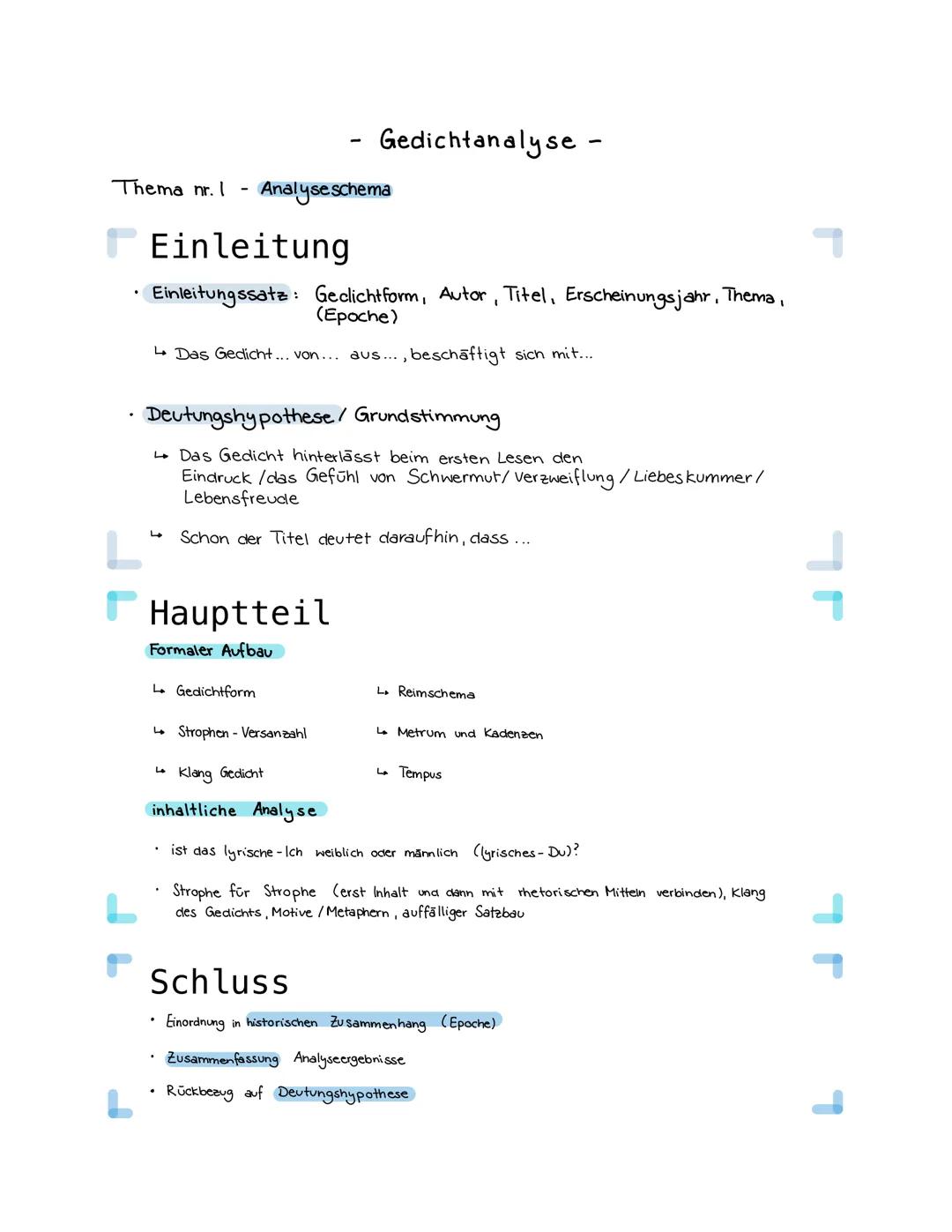 Thema nr. I Analyse schema
Einleitung
• Einleitungssatz: Geclichtform, Autor, Titel, Erscheinungsjahr, Thema,
(Epoche)
↳ Das Gedicht... von.