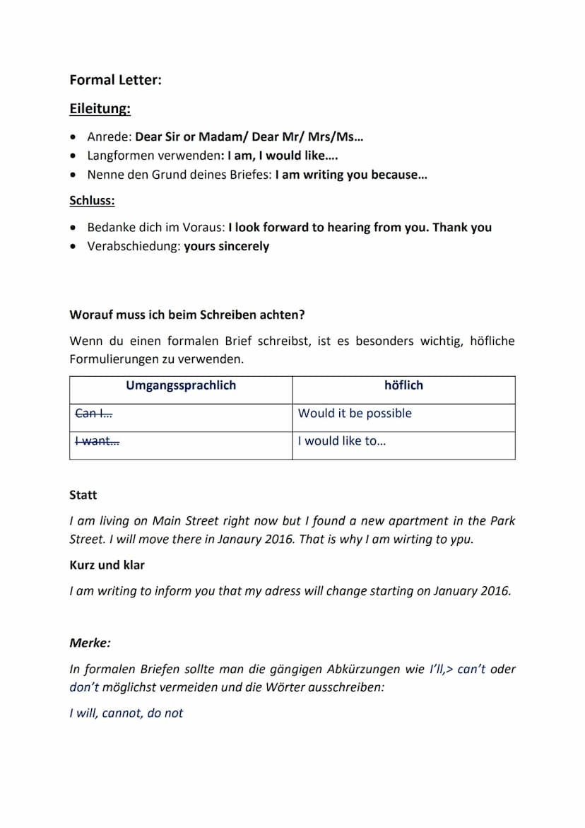 Brief/ E-Mail schreiben
Einen Brief schreiben:
Brief (letter)
Man unterscheidet zwischen geschäftlichen und persönlichen Briefen. Die
Form d