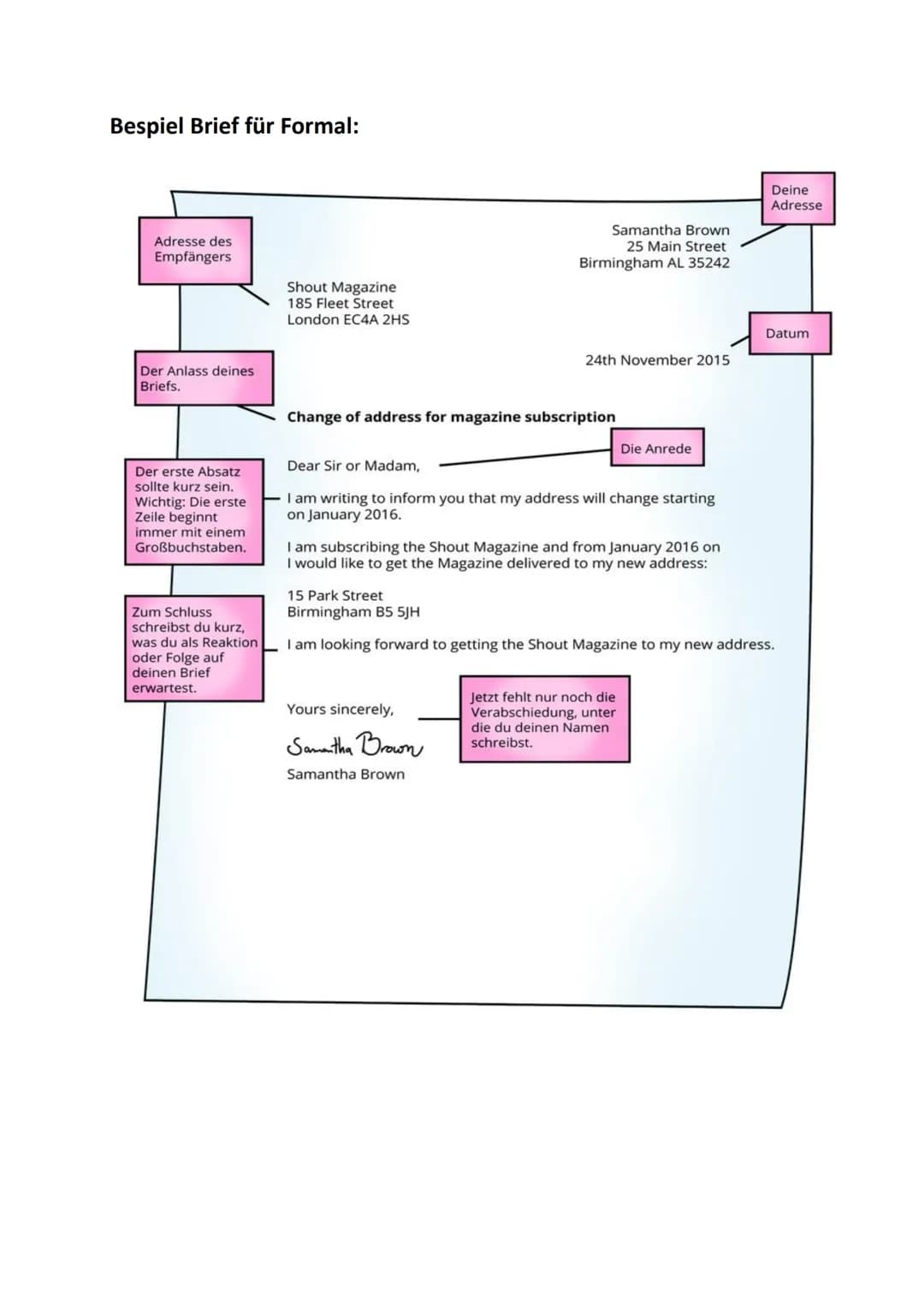 Brief/ E-Mail schreiben
Einen Brief schreiben:
Brief (letter)
Man unterscheidet zwischen geschäftlichen und persönlichen Briefen. Die
Form d