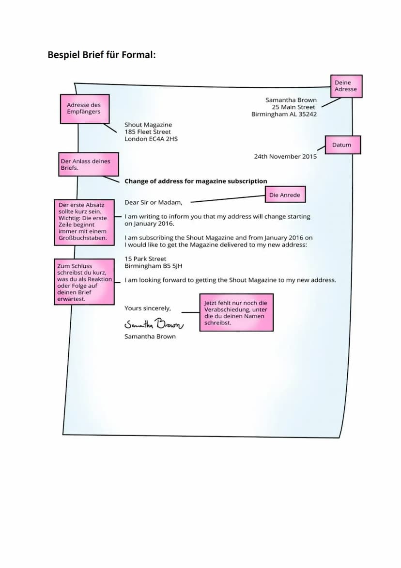 Brief/ E-Mail schreiben
Einen Brief schreiben:
Brief (letter)
Man unterscheidet zwischen geschäftlichen und persönlichen Briefen. Die
Form d