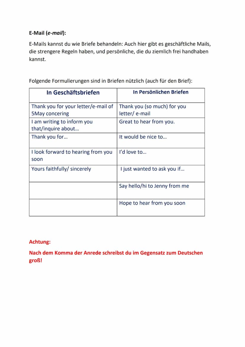 Brief/ E-Mail schreiben
Einen Brief schreiben:
Brief (letter)
Man unterscheidet zwischen geschäftlichen und persönlichen Briefen. Die
Form d