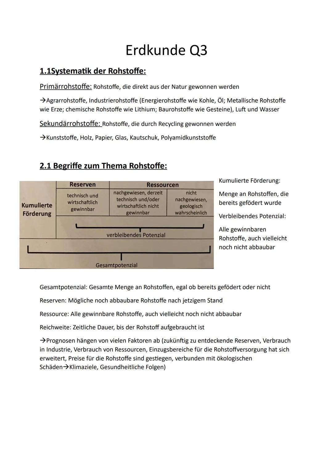 # Erdkunde Q3

## 1.1Systematik der Rohstoffe:

Primärrohstoffe: Rohstoffe, die direkt aus der Natur gewonnen werden

→Agrarrohstoffe, Indus