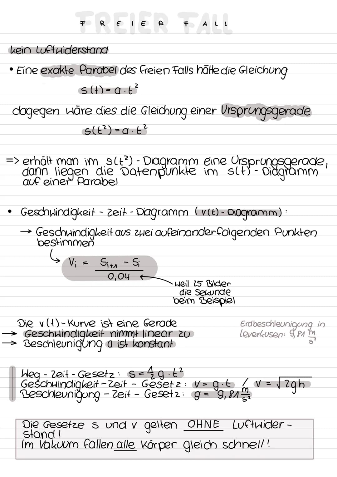 FREIER FALL
kein Luftwiderstand
• Eine exakte Parabel des freien Falls hätte die Gleichung
s(t)= a.t²
2
dagegen wäre dies die Gleichung eine