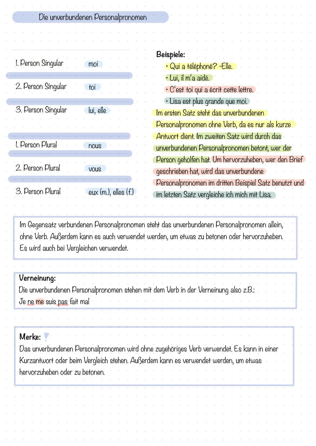 Personalpronomen
Im Französischen unterscheidet man die Personalpronomen nach verbunden und und verbunden.
Die verbundenen Personalpro im fr