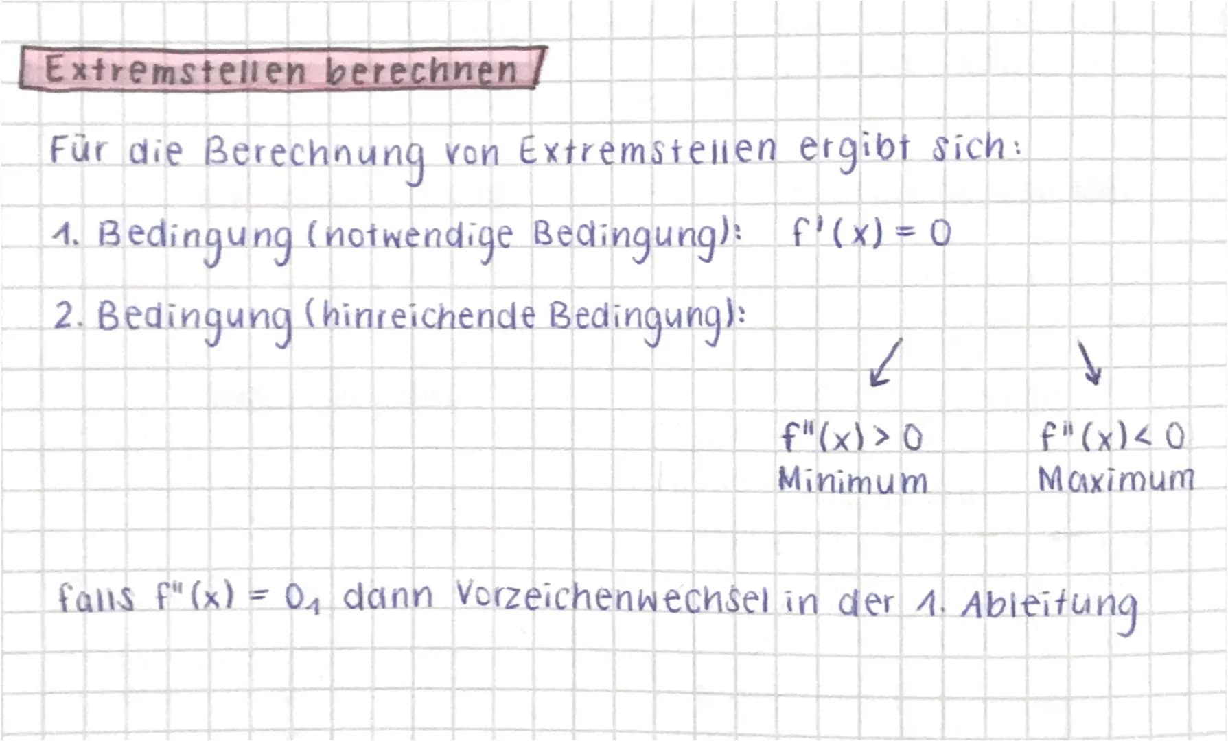 Extremstellen berechnen
Für die Berechnung von Extremstellen ergibt sich:
1. Bedingung (notwendige Bedingung): f'(x) = 0
2. Bedingung (hinre