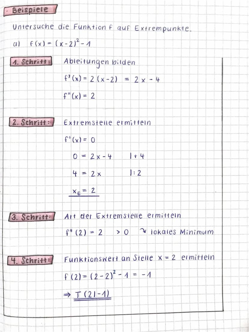 Extremstellen berechnen
Für die Berechnung von Extremstellen ergibt sich:
1. Bedingung (notwendige Bedingung): f'(x) = 0
2. Bedingung (hinre