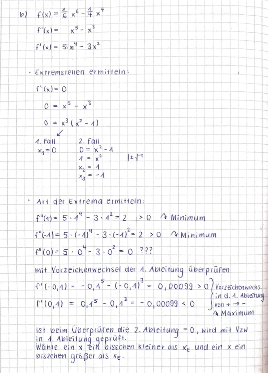 Extremstellen berechnen
Für die Berechnung von Extremstellen ergibt sich:
1. Bedingung (notwendige Bedingung): f'(x) = 0
2. Bedingung (hinre