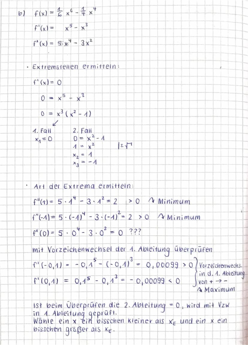 Extremstellen berechnen
Für die Berechnung von Extremstellen ergibt sich:
1. Bedingung (notwendige Bedingung): f'(x) = 0
2. Bedingung (hinre