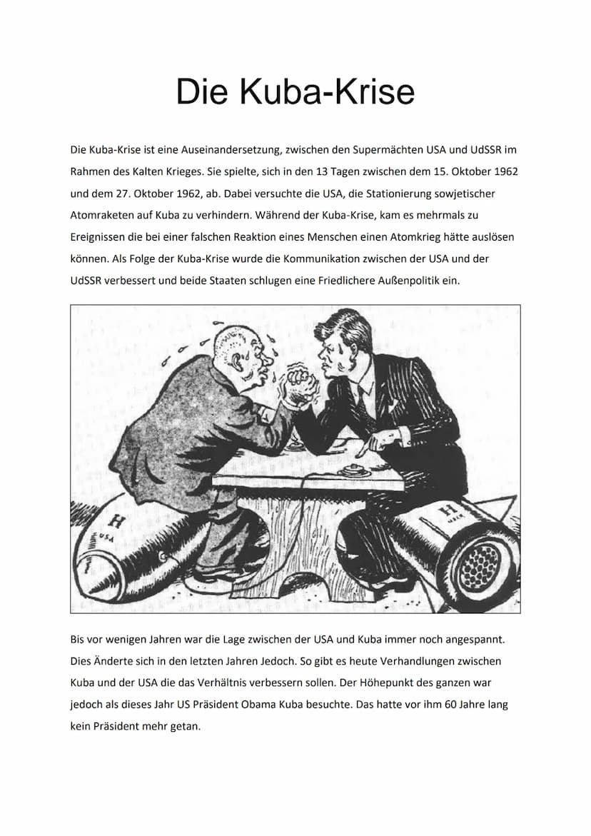 Die Kuba-Krise
Die Kuba-Krise ist eine Auseinandersetzung, zwischen den Supermächten USA und UdSSR im
Rahmen des Kalten Krieges. Sie spielte