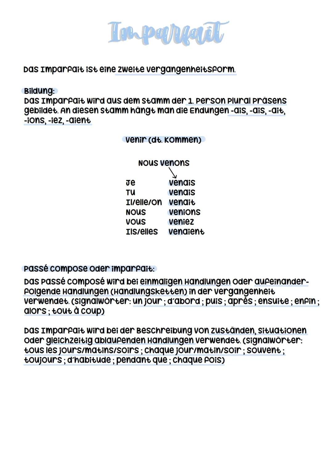 In parfait
Das Imparfait ist eine zweite vergangenheitsform.
Bildung:
Das Imparfait wird aus dem stamm der 1. Person plural präsens
gebildet