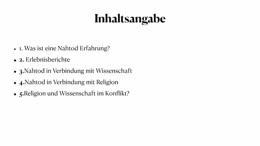 Nahtod Erfahrung
Religion und Wissenschaft im Konflikt . 1. Was ist eine Nahtod Erfahrung?
. 2. Erlebnisberichte
●
●
Inhaltsangabe
●
3.Nahto