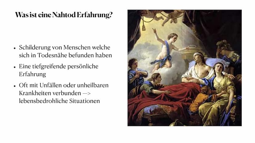 Nahtod Erfahrung
Religion und Wissenschaft im Konflikt . 1. Was ist eine Nahtod Erfahrung?
. 2. Erlebnisberichte
●
●
Inhaltsangabe
●
3.Nahto