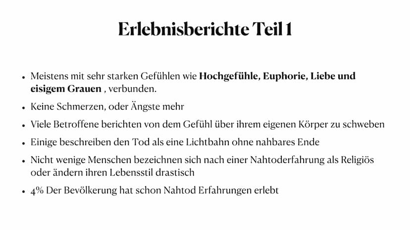 Nahtod Erfahrung
Religion und Wissenschaft im Konflikt . 1. Was ist eine Nahtod Erfahrung?
. 2. Erlebnisberichte
●
●
Inhaltsangabe
●
3.Nahto
