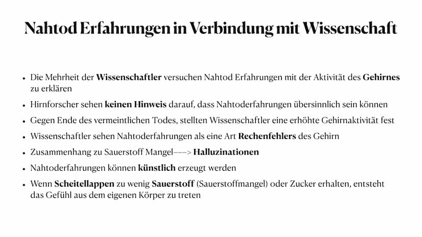 Nahtod Erfahrung
Religion und Wissenschaft im Konflikt . 1. Was ist eine Nahtod Erfahrung?
. 2. Erlebnisberichte
●
●
Inhaltsangabe
●
3.Nahto