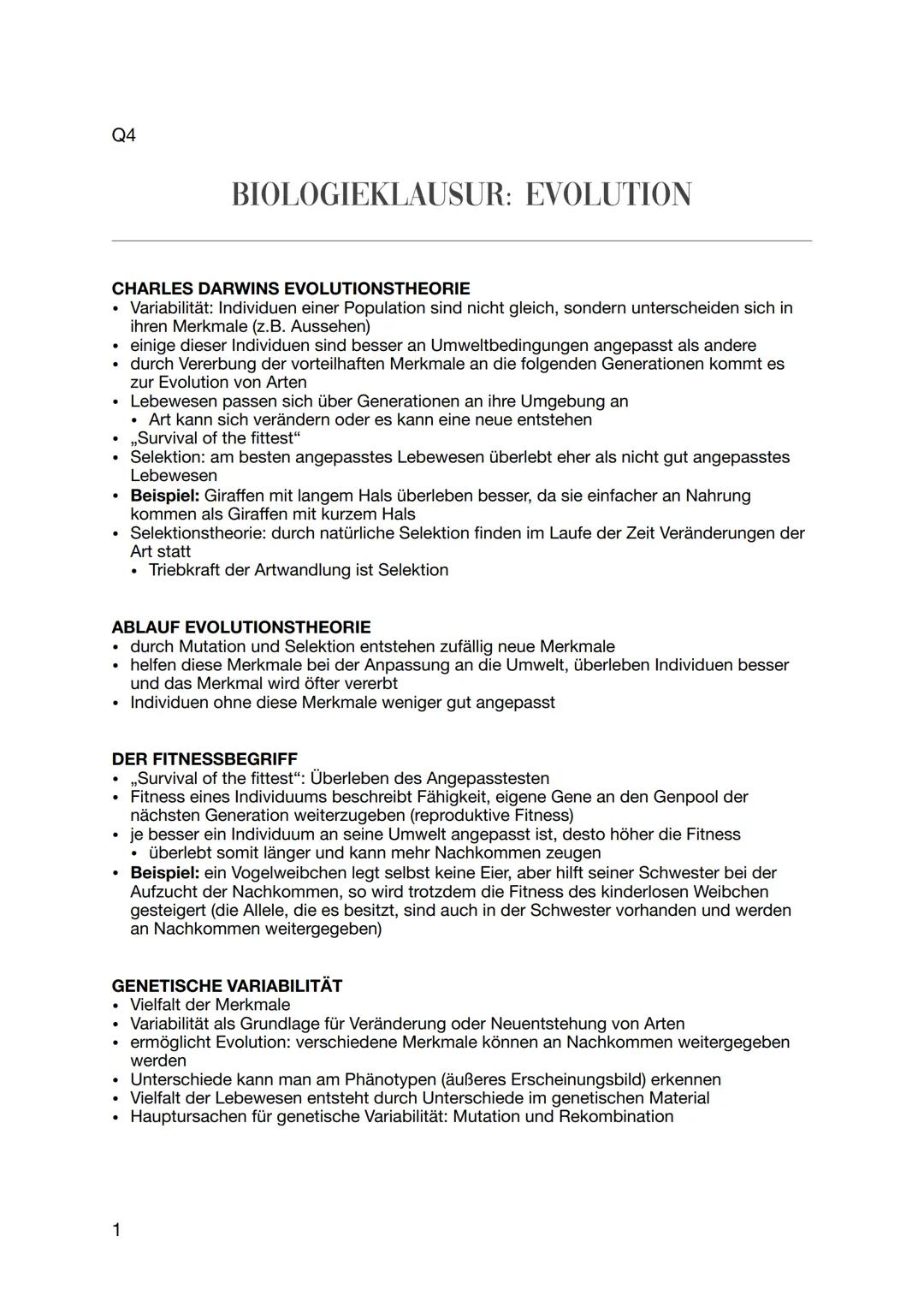 Q4

BIOLOGIEKLAUSUR: EVOLUTION

CHARLES DARWINS EVOLUTIONSTHEORIE
*   Variabilität: Individuen einer Population sind nicht gleich, sondern u