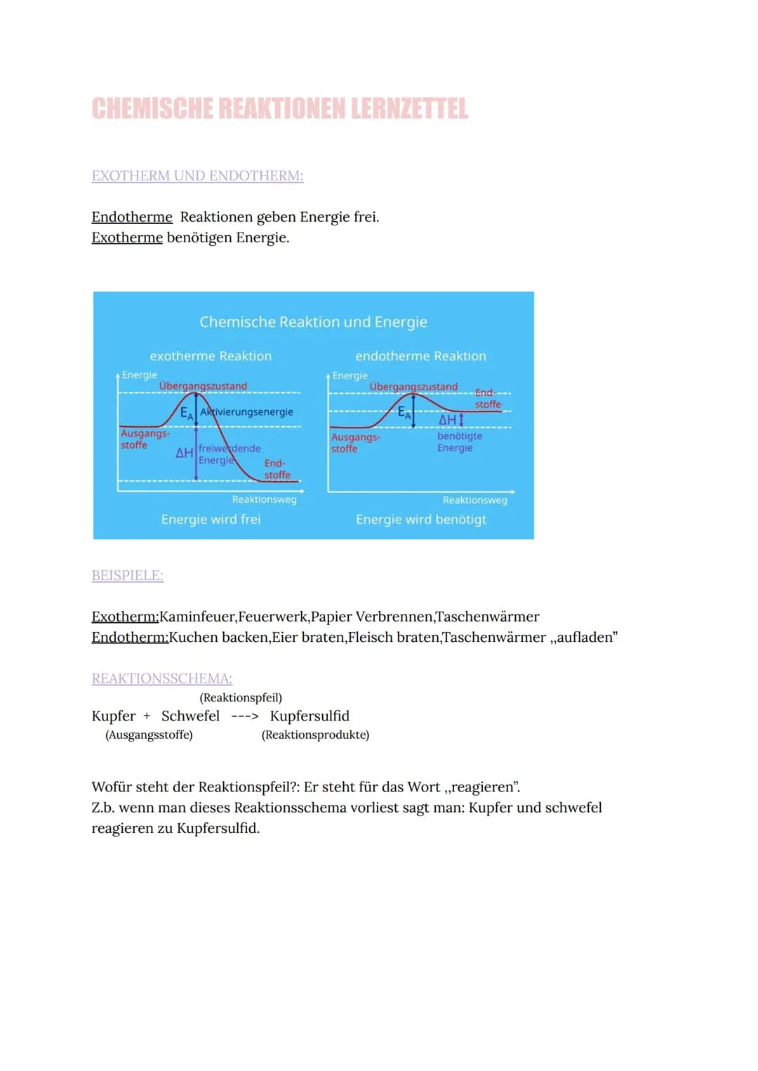 CHEMISCHE REAKTIONEN LERNZETTEL
EXOTHERM UND ENDOTHERM:
Endotherme Reaktionen geben Energie frei.
Exotherme benötigen Energie.
exotherme Rea