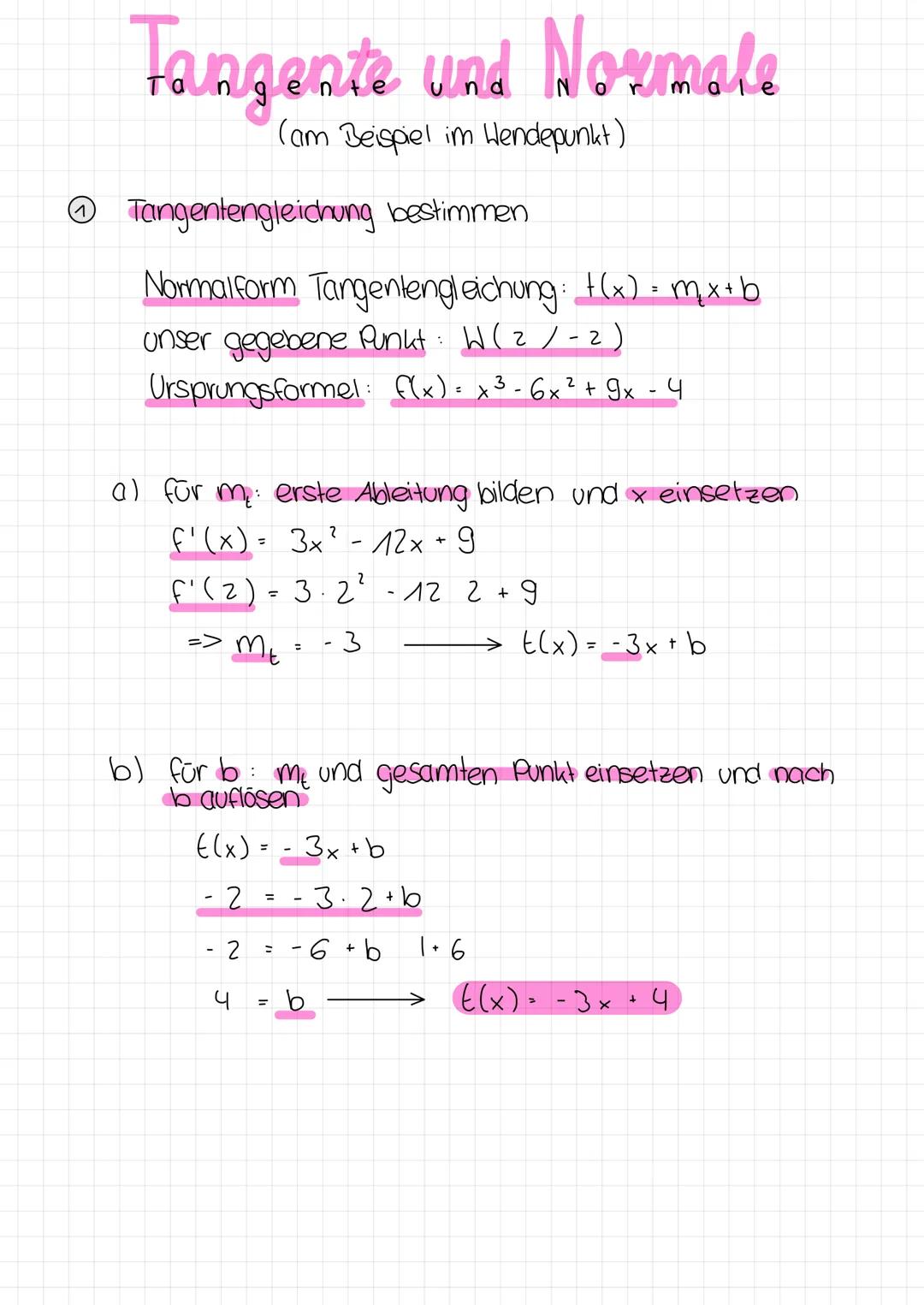 # Tangente und Normale
(am Beispiel im Wendepunkt)

Tangentengleichung bestimmen

Normalform Tangentengleichung: $f(x) = mx + b$
unser gegeb