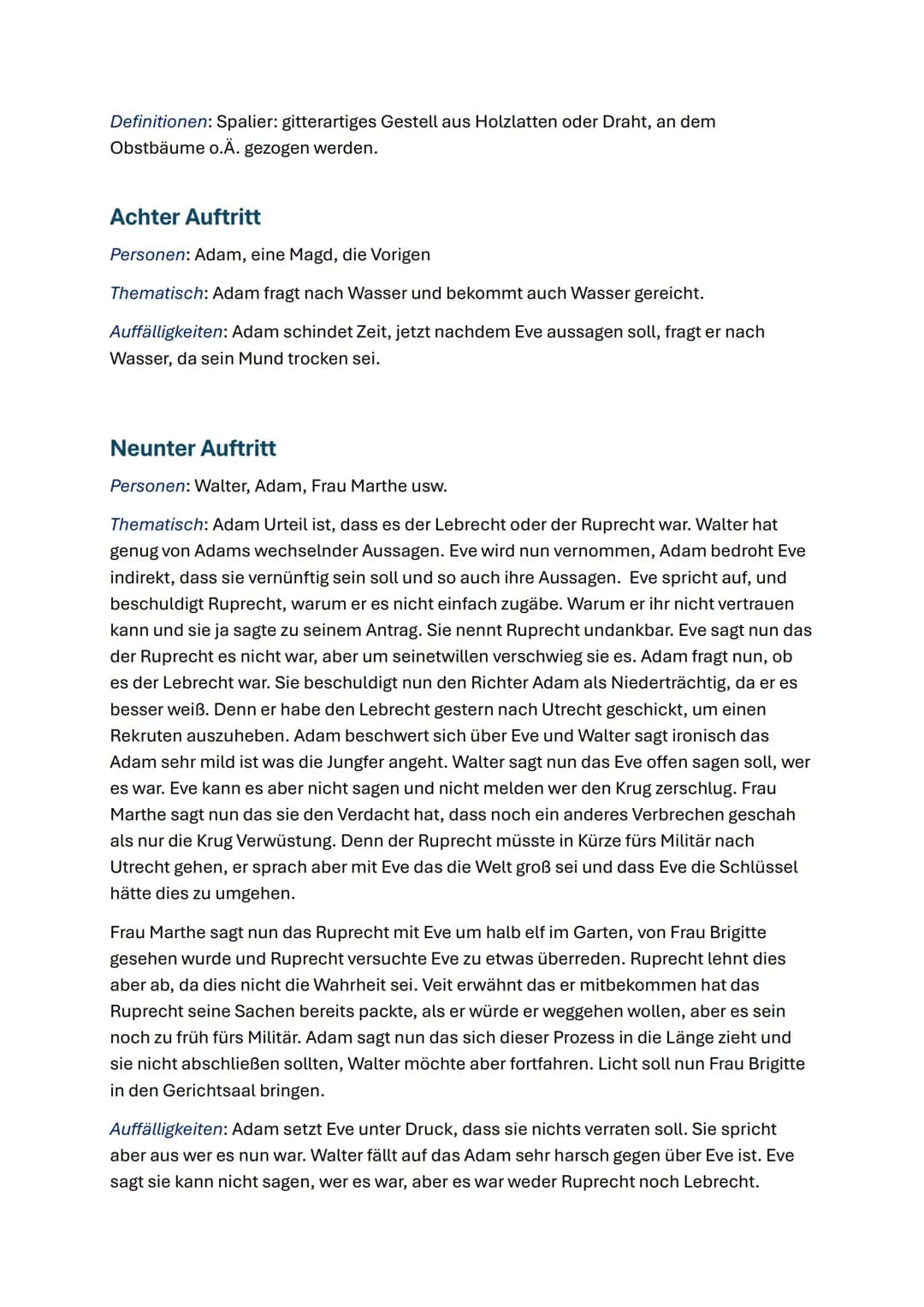 Personen:
Der Zerbrochne Krug - Heinrich von Kleist
Walter, Gerichtsrat
Adam, Dorfrichter
Licht, (Amts-)Schreiber
Frau Marthe Rull
Eve, ihre
