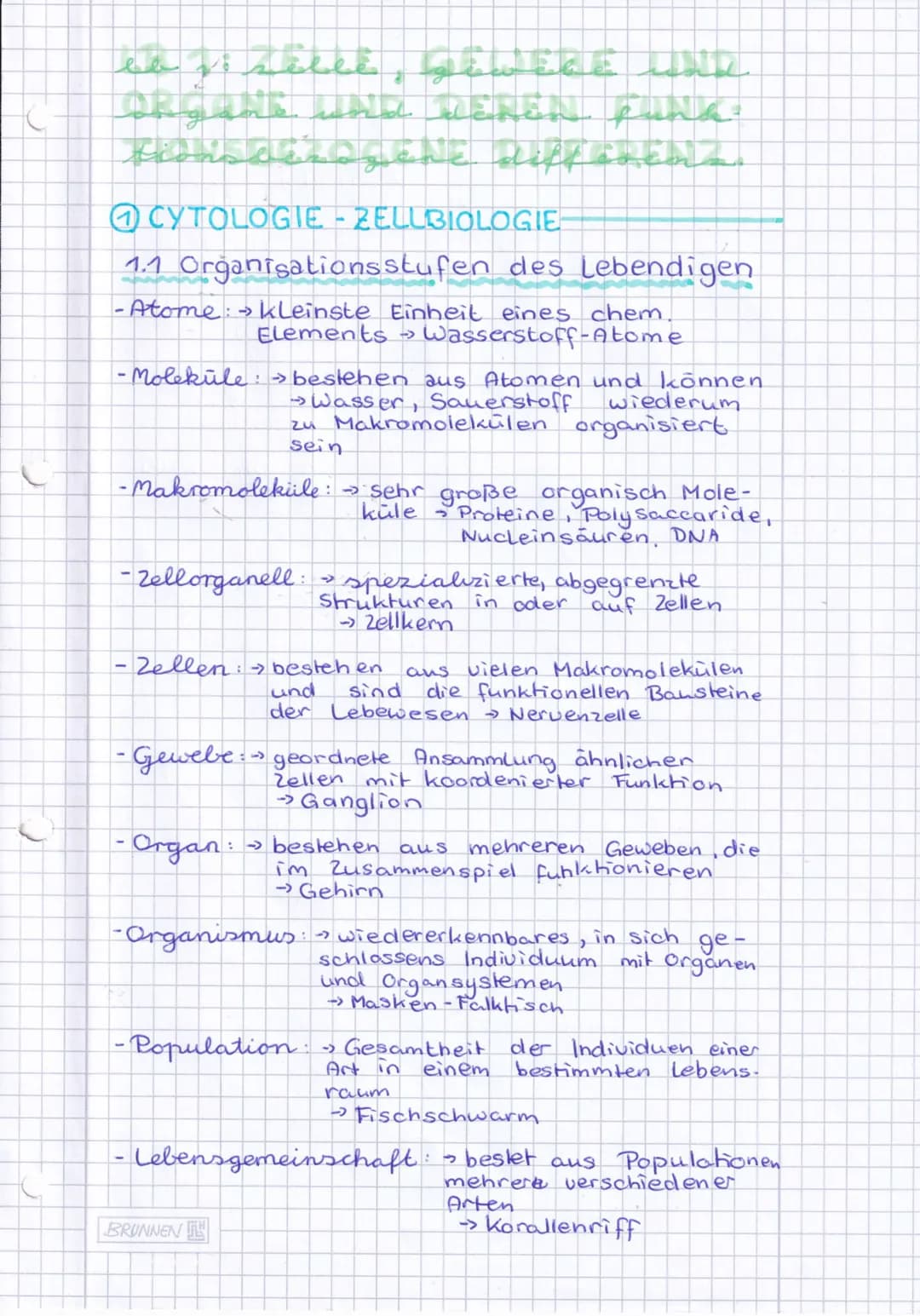 le visible bewERE LINDE
24
CYTOLOGIE - ZELLBIOLOGIE
1.1 Organisationsstufen des Lebendigen
-Atome: → kleinste Einheit eines chem.
Elements →