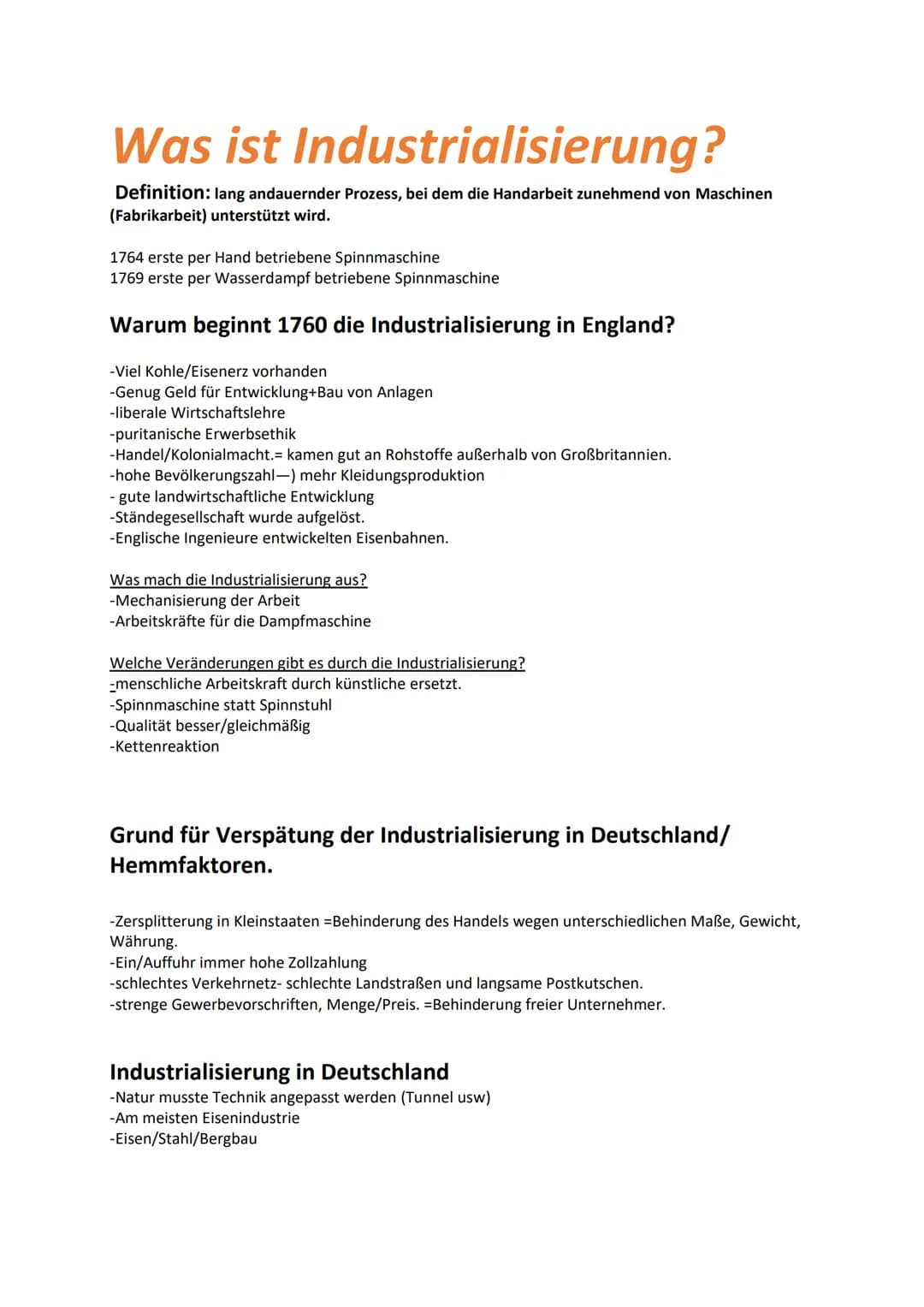 Was ist Industrialisierung?
Definition: lang andauernder Prozess, bei dem die Handarbeit zunehmend von Maschinen
(Fabrikarbeit) unterstützt 