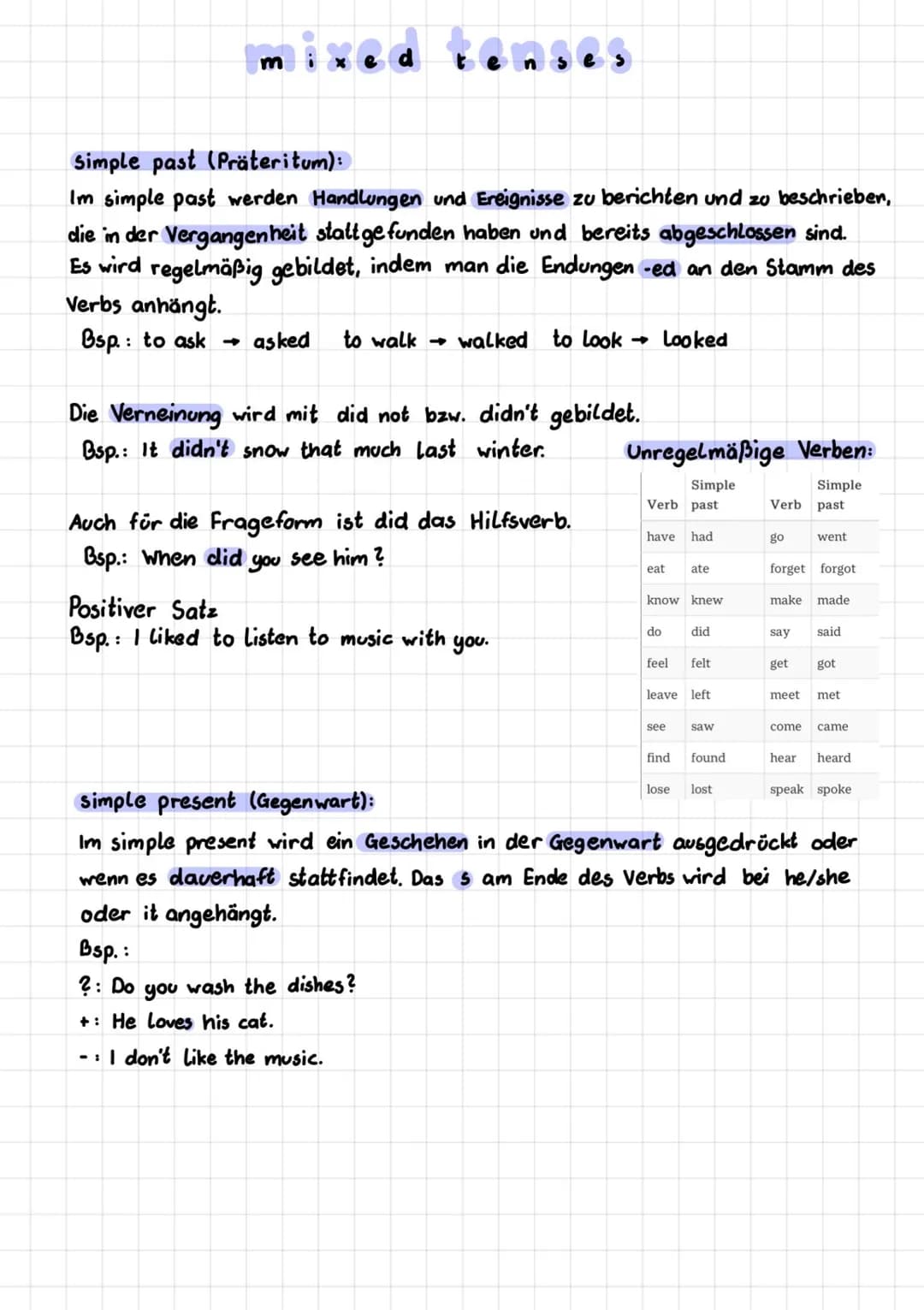 Simple past (Präteritum):
Im simple past werden Handlungen und Ereignisse zu berichten und zu beschrieben,
die in der Vergangenheit stattgef