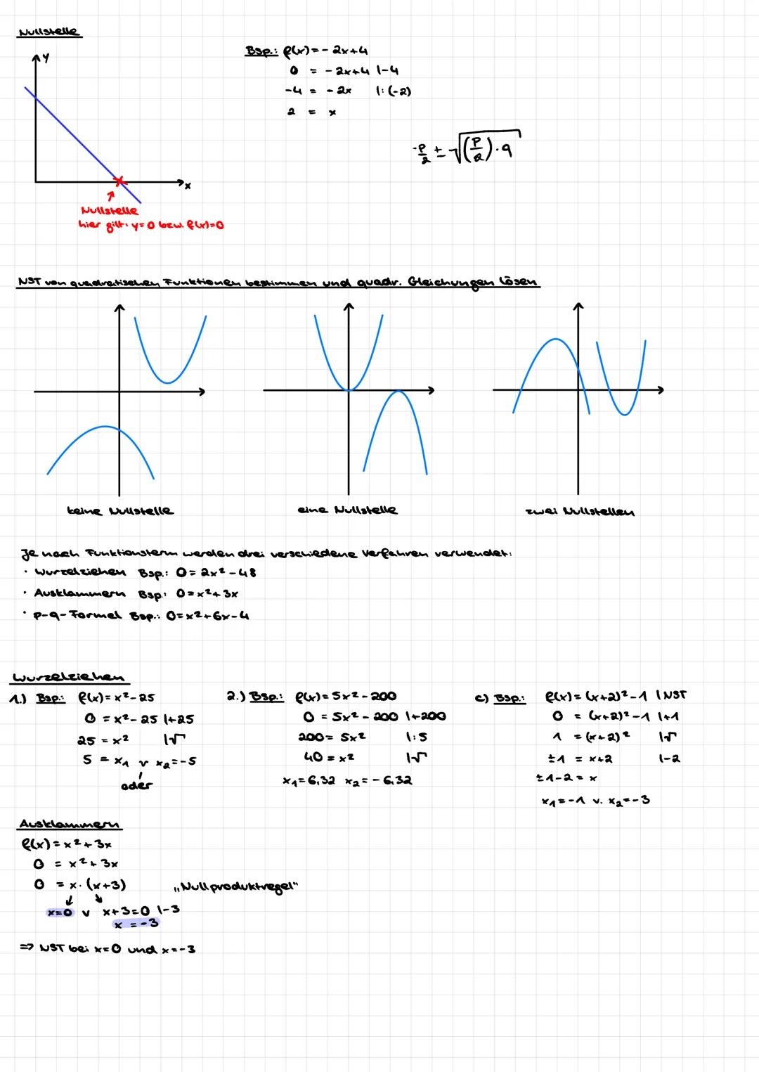 Nullstelle
AY
7
Nullstelle
hier gilt, y=0 bew. fu)=0
teine Nullstelle
Wurzelziehen
1.) Bap: f(x)=x²-25
x
0=x²-25 1+25
25 = x²
15
5 = x₁ √ x₂