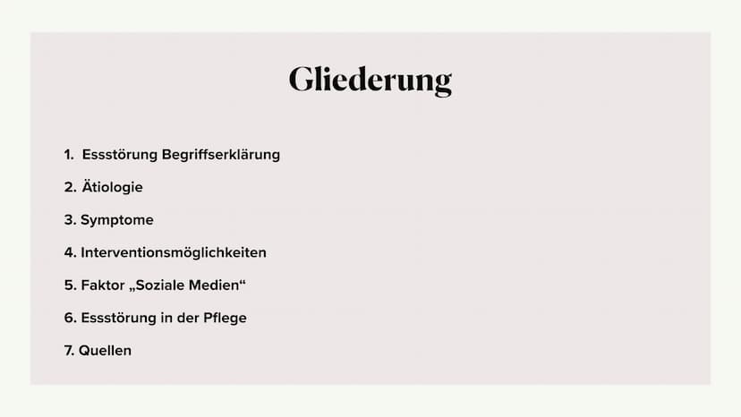 Eine Präsentation über
Essstörungen
ICD-10-Code: F50 1. Essstörung Begriffserklärung
2. Ätiologie
3. Symptome
4.
Interventionsmöglichkeiten
