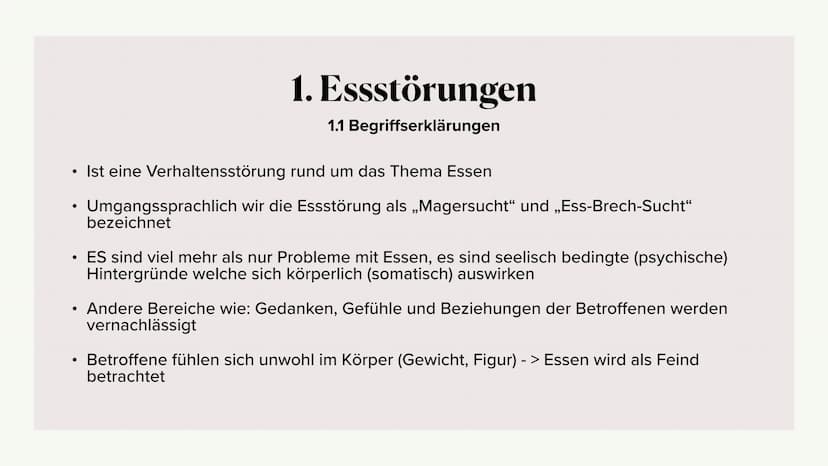 Eine Präsentation über
Essstörungen
ICD-10-Code: F50 1. Essstörung Begriffserklärung
2. Ätiologie
3. Symptome
4.
Interventionsmöglichkeiten
