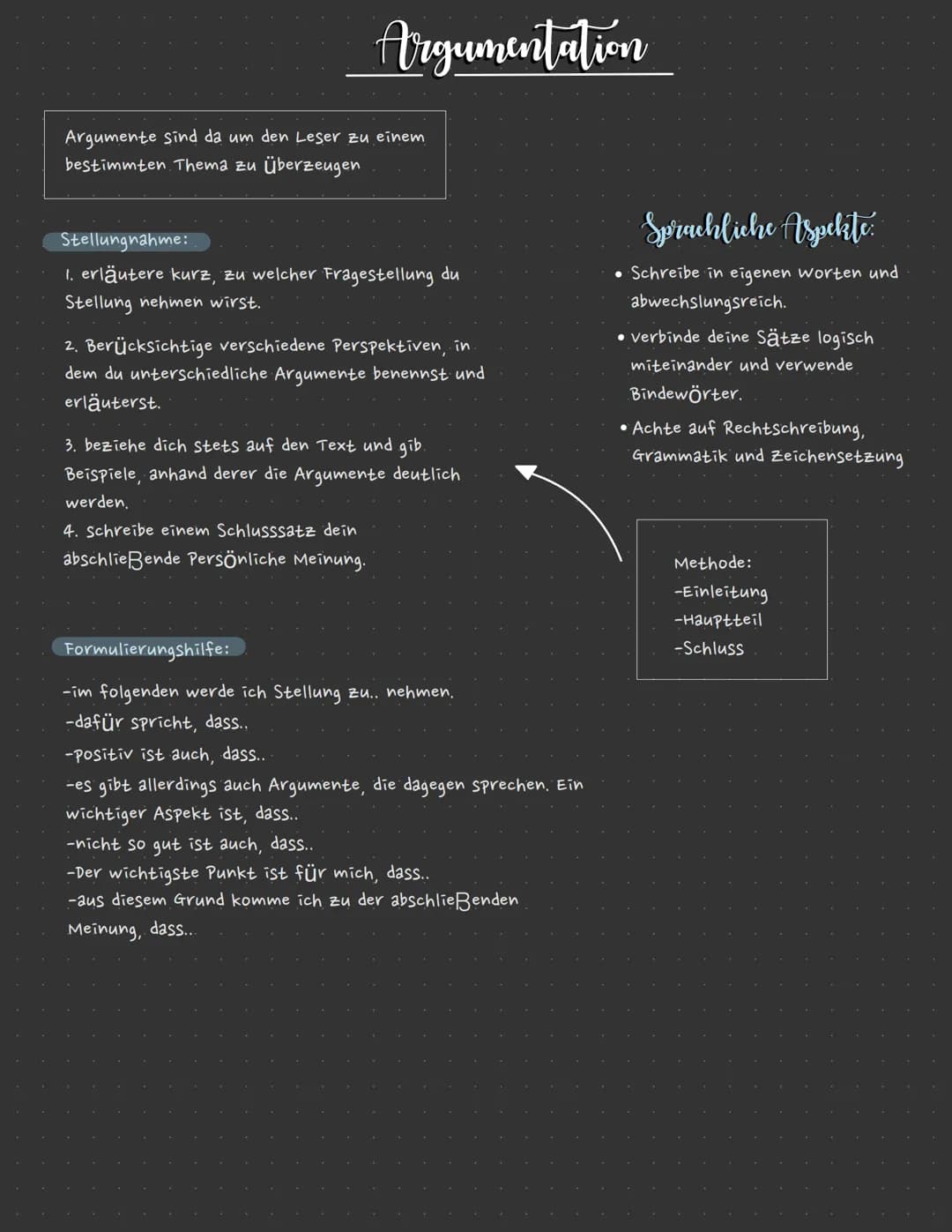 Argumentation
Argumente sind da um den Leser zu einem
bestimmten Thema zu überzeugen
Stellungnahme:
1. erläutere kurz, zu welcher Fragestell