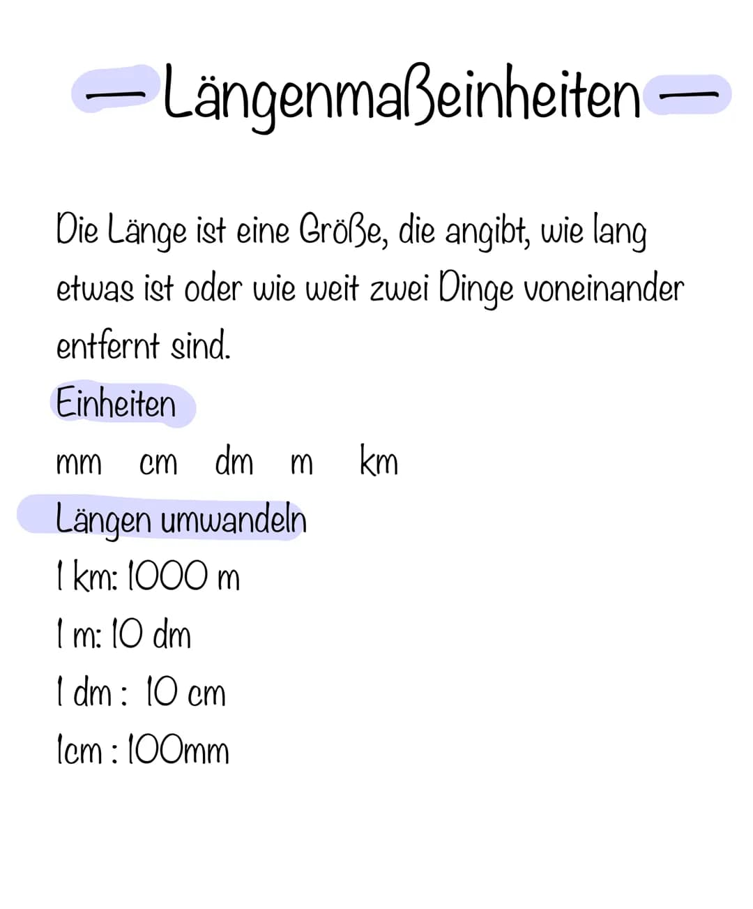 - Längenmaßeinheiten
Die Länge ist eine Größe, die angibt, wie lang
etwas ist oder wie weit zwei Dinge voneinander
entfernt sind.
Einheiten
