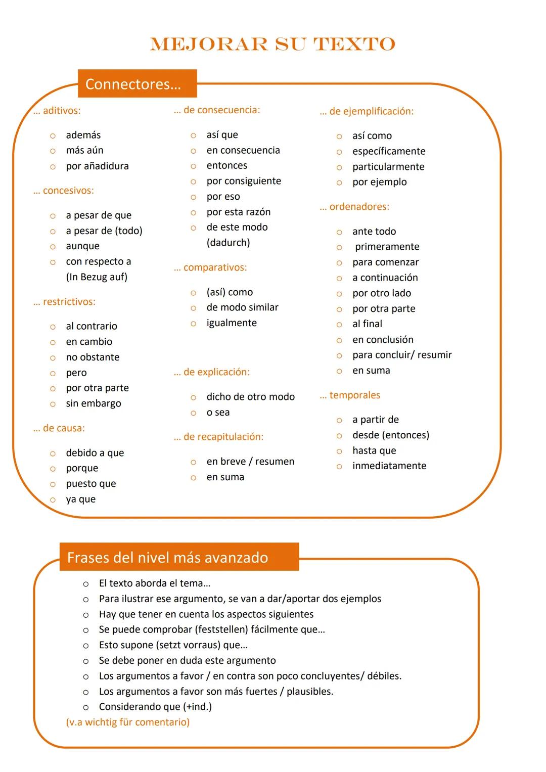 MEJORAR SU TEXTO

Connectores...

... aditivos:

*   además
*   más aún
*   por añadidura

... concesivos:

*   a pesar de que
*   a pesar d