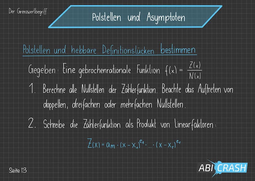 Der Grenzwertbegriff
Polstellen und Asymptoten
Bei gebrochenrationalen Funktionen, also Funktionen
der Bauart f(x) = amxm +
n
bn x² +
X+
+ A