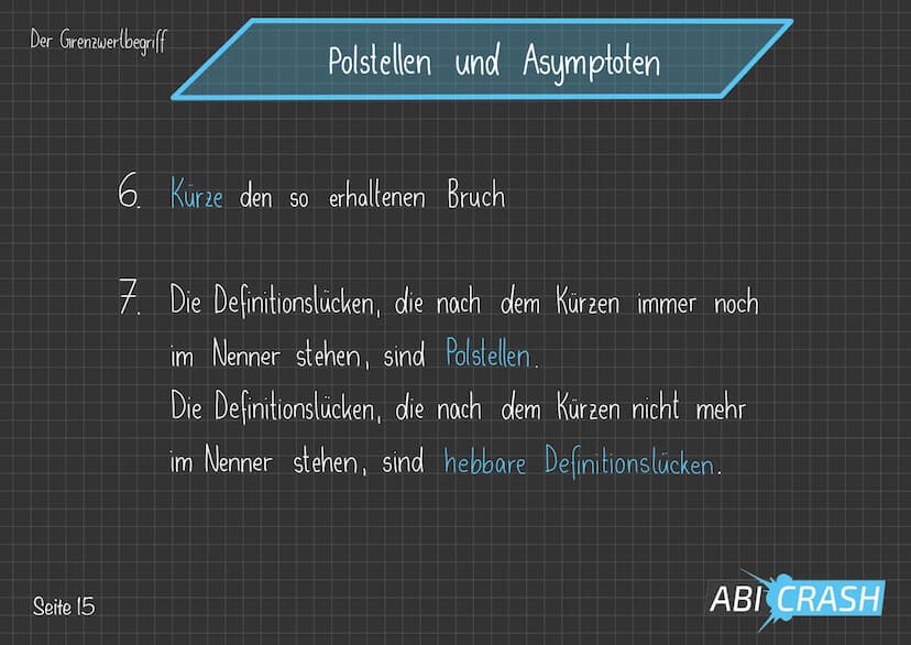 Der Grenzwertbegriff
Polstellen und Asymptoten
Bei gebrochenrationalen Funktionen, also Funktionen
der Bauart f(x) = amxm +
n
bn x² +
X+
+ A