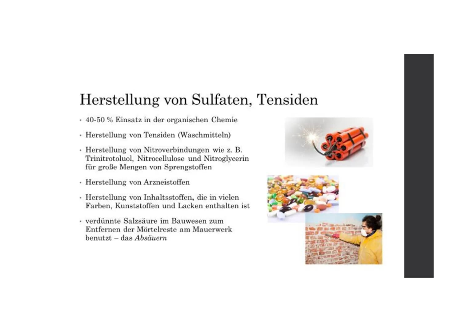 Inhalt
Am häufigsten verwendet
• Einsatz in der Industrie
.
.
.
.
Herstellung von
Düngemitteln
Aufschluss von Erzen
Herstellung von Sulfaten
