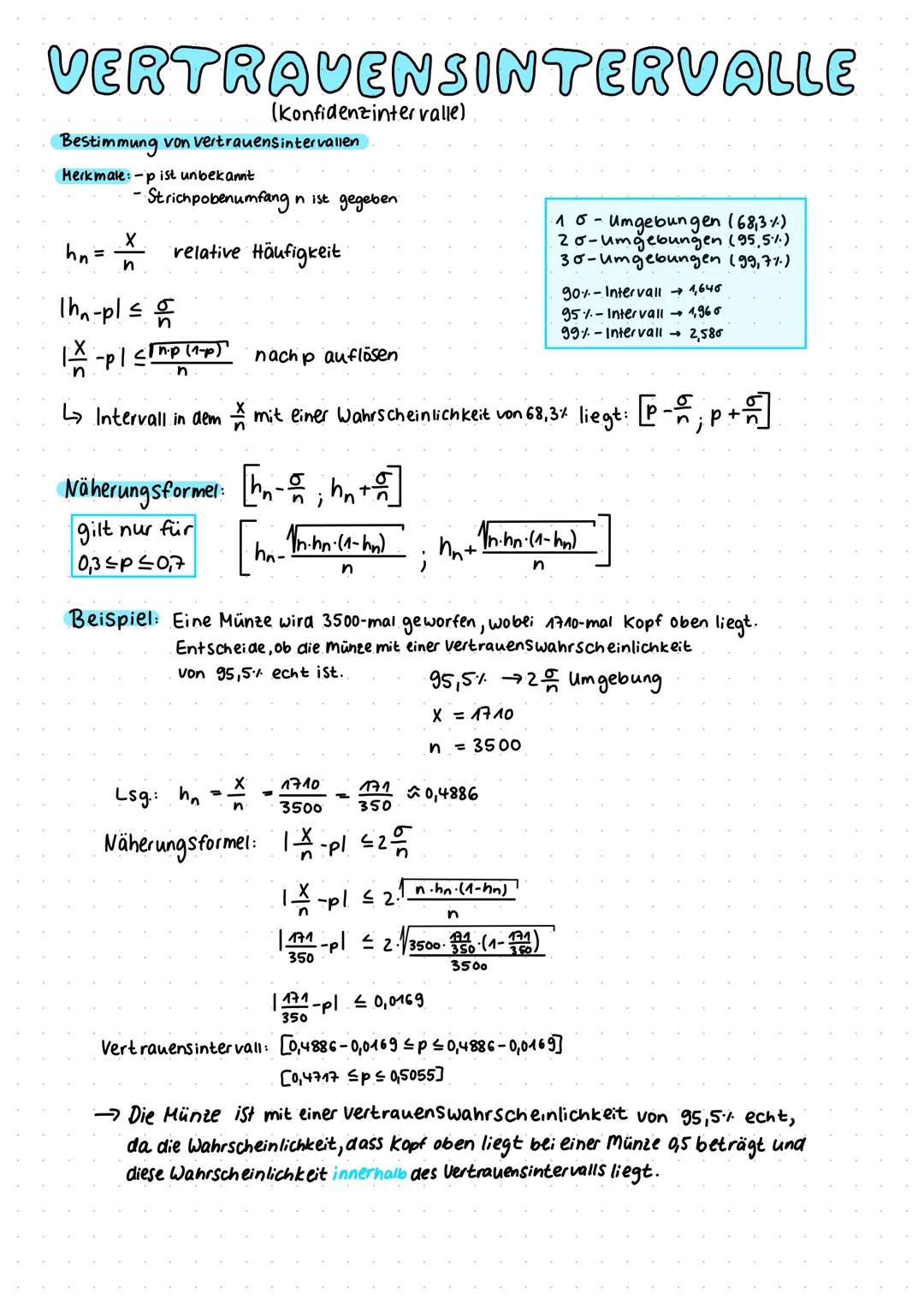 # VERTRAVENSINTERVALLE
(Konfidenzintervalle)

Bestimmung von vertrauensintervallen

Merkmale-p ist unbekannt

- Strichpobenumfang in ist geg